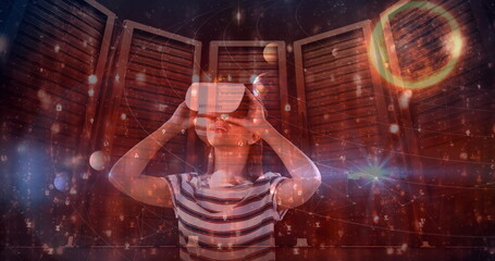 Digital composite of woman using VR headset against Server Room background with animated constellati