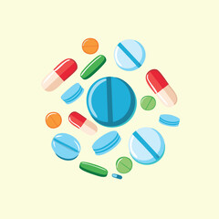 Assortment of colorful pills and capsules for medical treatment