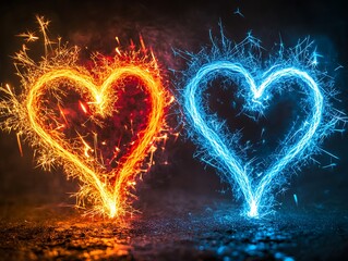 Two illuminated hearts shaped by glowing sparks of different colors