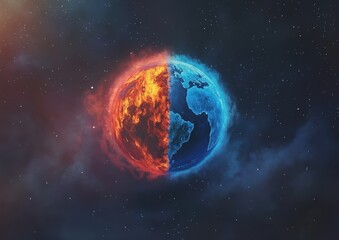 Obraz premium A colorful Earth with one half red and the other blue, representing hot versus cold global warming Generative AI