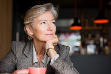 A thoughtful older woman gazes thoughtfully into the distance while holding a teacup in her hands, exuding a sense of serenity and wisdom.