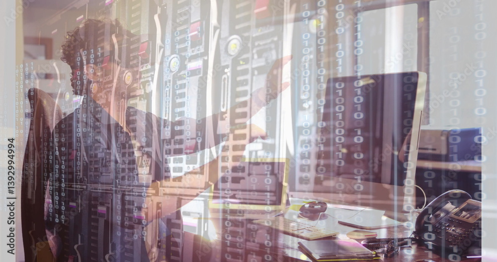 Poster binary code and data servers over person working at computer in office
