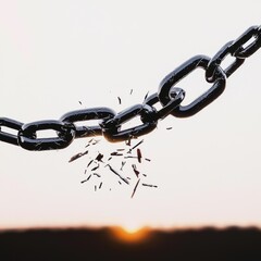 Fototapeta premium A close-up of a breaking chain against a sunset backdrop, symbolizing freedom and the release from constraints.