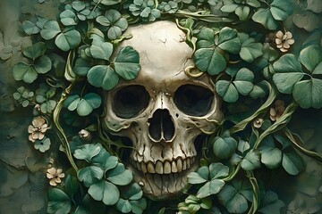 A human skull surrounded by green leaves and small flowers