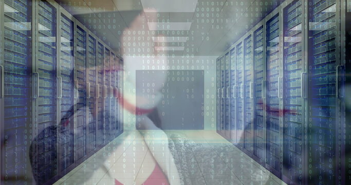 Binary code and data processing image over server room with racks