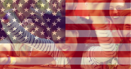 Naklejka premium Digital composite of girl at festival enjoying music with friends against american flag background