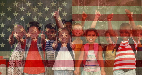 Naklejka premium Digital composite of multi-ethnic group of children at school with blackboard against american flag
