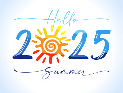 Hello Summer 2025 creative greetings. Social media poster. Web network timeline story. Special offer advertising banner. Cute blue number 20 25 with waving texture and yellow sun. Congrats concept