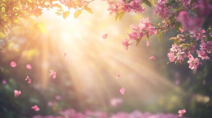 Enchanted Blossom Canopy: Delicate Pink Blooms in Soft Sunlight with Falling Petals