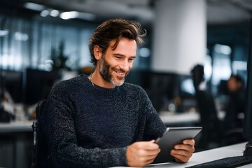 A man working with a tablet, looking concentrated and happy. The setting suggests a modern office or workplace.