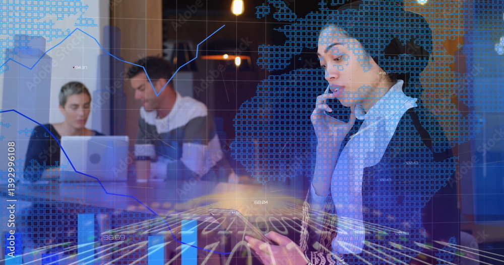 Poster image of graphs, data and digital interface over woman using tablet computer and talking on phone in