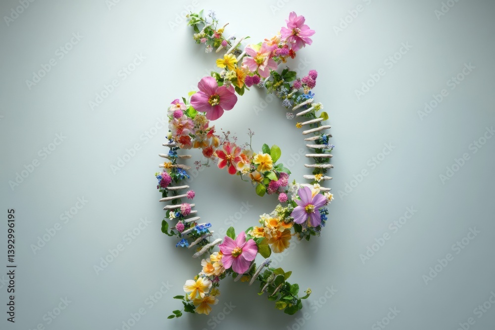 Poster double helix structure created from blooming flowers and leaves representing organic evolution in na