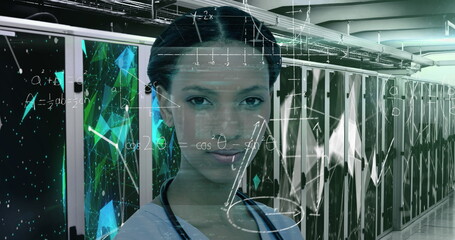 Image of handwritten mathematical equations and data over portrait of biracial female doctor in comp