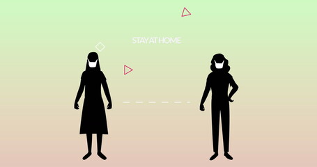 Silhouettes of two people maintaining social distance with Stay at Home message