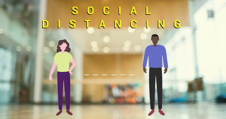 Illustration of diverse individuals practicing social distancing in public space