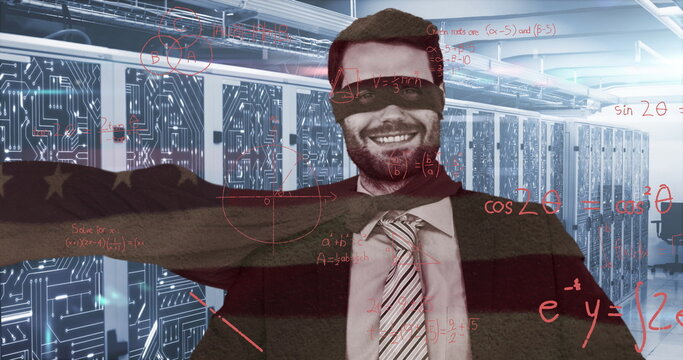 Image of handwritten mathematical equations, data and digital interface over woman wearing virtual r