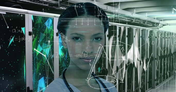 Image of handwritten mathematical equations and data over portrait of biracial female doctor in comp