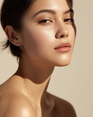 Fototapeta premium Close-up face of young woman with healthy radiant skin, beige background.