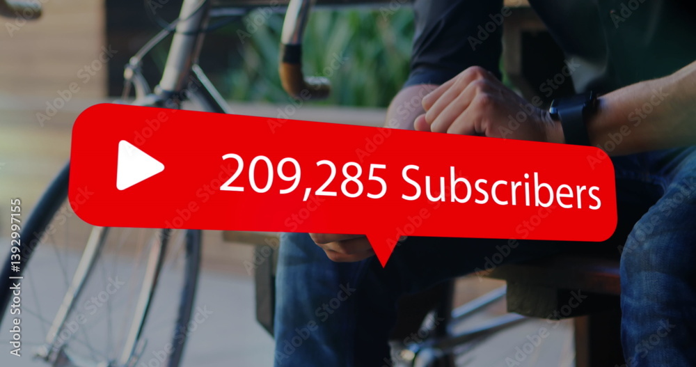 Poster image of digital interface subscribers text with growing numbers on red speech bubble over man using