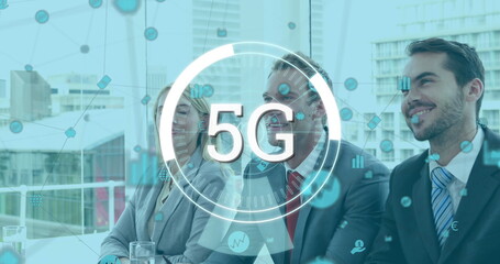 Image of 5G digital interface with network of connections and icons over business people greeting sh