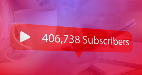 Image of digital interface Subscribers text with growing numbers on red speech bubble over woman usi