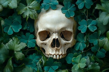 A human skull nestled amongst vibrant green foliage and clovers