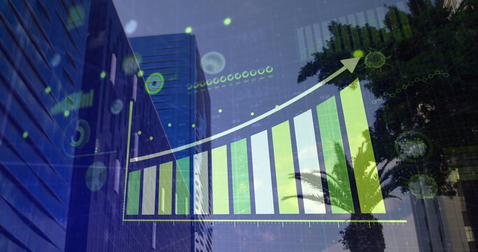 Image of a digital interface with graphs and statistics and Coronavirus cells spreading over a citys