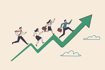 Business growth, growing to success, career development or progress on rising up arrow, team motivation or strategy to reach target concept, business people employee running on growth rising up arrow.