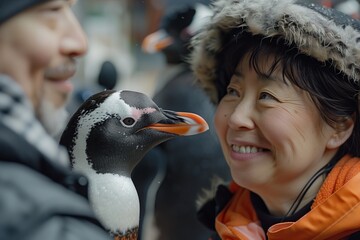 A joyful moment between a woman and a penguin, showcasing the beauty of connection with wildlife.