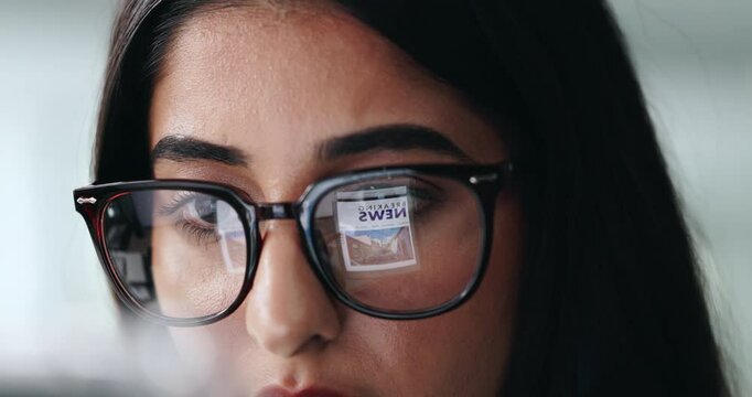 Reflection, eye care and woman with glasses, business and writer with tech for research and online. Office, vision and person with prescription eyewear, scroll and review of article with eyesight
