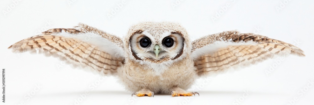 Aufkleber cute owl with spread wings sitting calmly against a white background showcasing its soft feathers an
