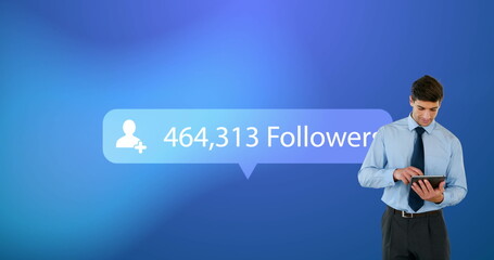 Image of digital interface Followers text and people icon with growing numbers on blue speech bubble