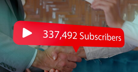 Image of digital interface Subscribers text with growing numbers on red speech bubble over business