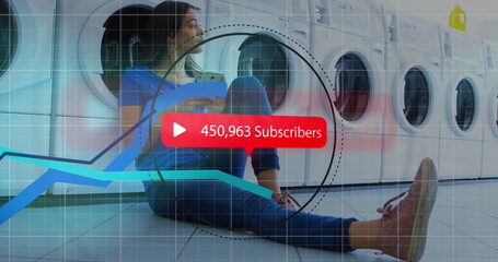 Image of digital interface Subscribers text with growing numbers on red speech bubble and blue lines