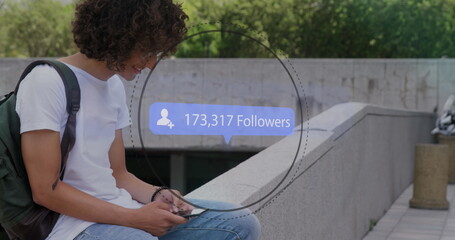 Image of digital interface Followers text and people icon with growing numbers on blue speech bubble