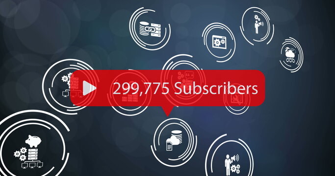 Image of digital interface Subscribers text with growing numbers on red speech bubble over multiple - Powered by Adobe