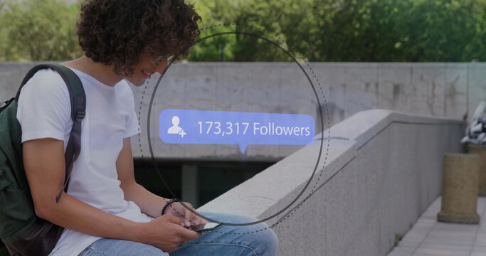Image of digital interface Followers text and people icon with growing numbers on blue speech bubble - Powered by Adobe