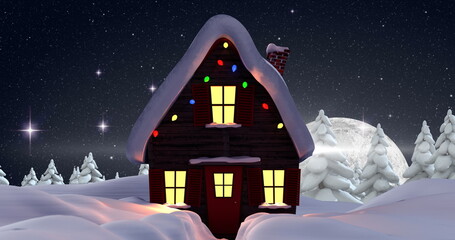 Fototapeta premium Image of winter scenery with house, fir trees, glowing star and snow falling on dark blue background