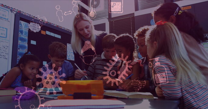 Image of Covid 19 cells and icons floating over schoolchildren with their female teacher in class