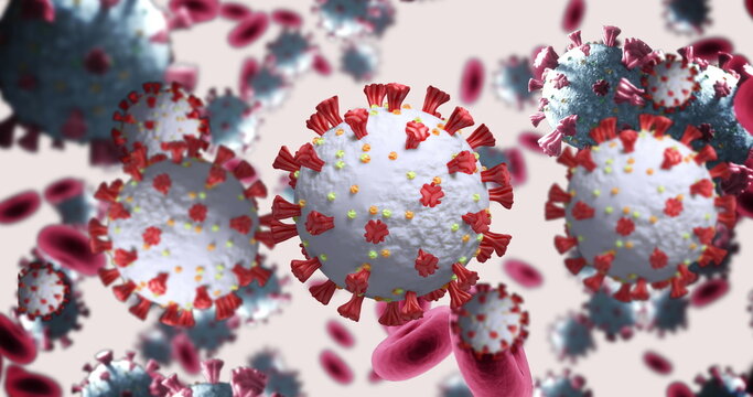 Image of 3D macro coronavirus and red blood cells spinning on white background