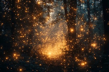 Glowing golden lights shimmer and float within a dark forest scene
