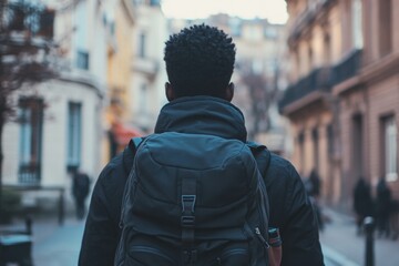 Obraz premium Man with Backpack on City Street