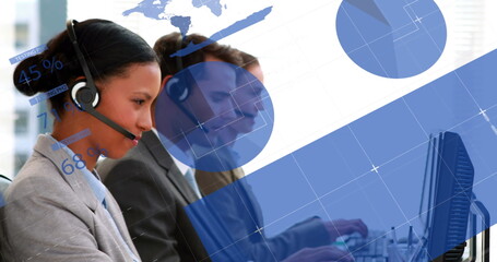 Image of diverse customer care team with phone headsets and statistics
