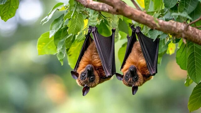 Adorable Flying Foxes Hanging Upside Down from a Tree Branch
