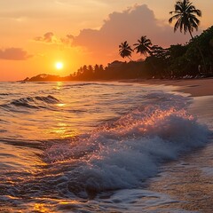 A beautiful tropical beach during a vibrant and stunning sunset scene