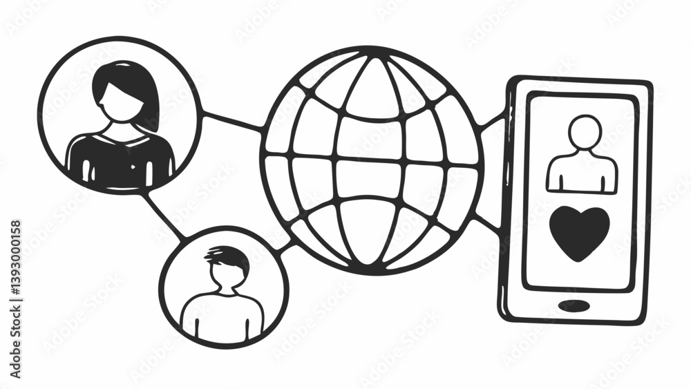 Poster global connection of people through the internet and mobile dating application represented in a draw
