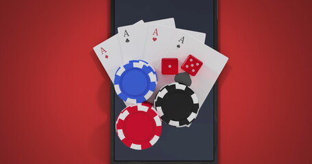 Image of casino chips, dice and playing cards over smartphone
