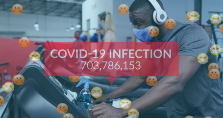 Image of words covid-19 infections and emojis over diverse group wearing face masks working out