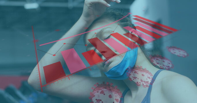 Coronavirus statistical data processing against tired caucasian woman with lowered face mask at gym