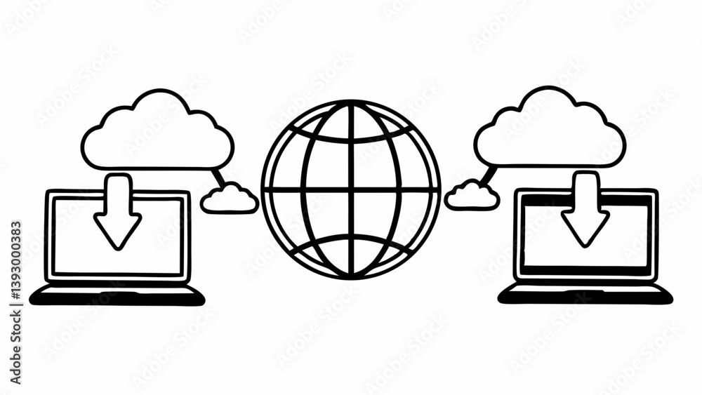 Poster cloud computing network with laptops connected to a globe for data transfer illustration created wit